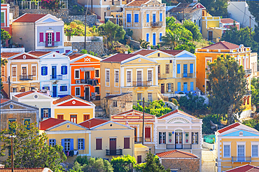 Colourful houses, Chorio, Symi Island, Dodecanese Islands, Greece