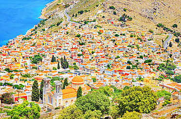 Chorio (upper town), high angle view, Chorio, Symi Island, Dodecanese Islands, Greece