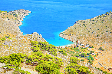 Marathounta beach, high angle view, Panormitis, Symi Island, Dodecanese Islands, Greece