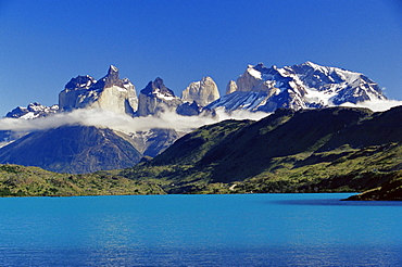 Cuernos del Paine (Horns of Paine) and the blue waters of Lake Pehoe, Torres del Paine National Park, Patagonia, Chile, South America