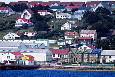 Aerial view of the waterfront, Stanley, East Falkland, Falkland Islands, South Atlantic, South America