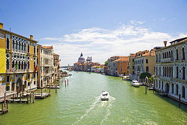 View of the Grand Canal from the Ponte de l'Accademia looking towards the Basilica de Santa Maria della Salute and the lagoon, Venice, UNESCO World Heritage Site, Veneto, Italy, Europe