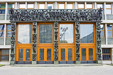 The large portal decorating the facade of Parliament (National Assembly) Building of 2200 square metres based on plans by the architect Vinko Glanz and inaugurated in 1959, Ljubljana, Slovenia, Eurpe