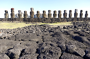 Ahu Tongariki where 15 moai statues stand with their backs to the ocean, Easter Island, UNESCO World Heritage Site, Chile, South America