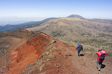 Hikers, volcanic scenery and hiking trail, Kirishima National Park, Kagoshima prefecture, Kyushu, Japan, Asia