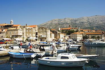 Seafront harbour view of medieval Old Town, Korcula Island, Dalmatia Coast, Croatia, Europe