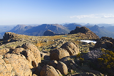 View from the top of Mount Ossa, 1617m, Tasmania's highest mountain on the Overland Track, Cradle Mountain Lake St. Clair National Park, part of Tasmanian Wilderness, UNESCO World Heritage Site, Tasmania, Australia, Pacific