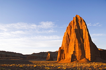 Sunrise at the Temple of the Sun and smaller Temple of the Moon in Cathedral Valley, Capitol Reef National Park, Utah, United States of America, North America