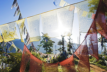 Prayer flags above Thimphu, Bhutan, Asia