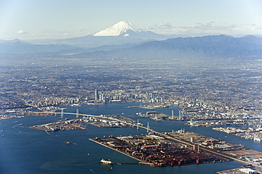 Aerial view of Yokohama city and Mount Fuji, Shizuoka Prefecture, Japan, Asia