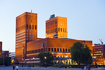 Radhus (City Hall) illuminated at night, Oslo, Norway, Scandinavia, Europe