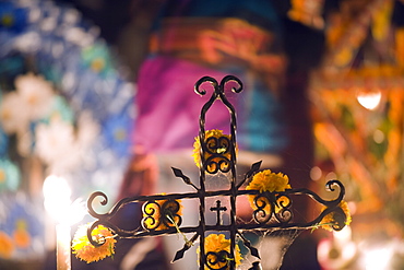 Crucifix on a grave, Dia de Muertos (Day of the Dead) festival in a cemetery on Isla Janitzio, Lago de Patzcuaro, Michoacan state, Mexico, North America