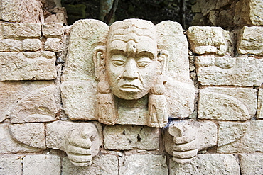 Sculpted head stone at Mayan archeological site, Copan Ruins, UNESCO World Heritage Site, Honduras, Central America