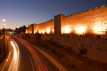 Night time lights of traffic, Jaffa Gate, Old Walled City, Jerusalem, Israel, Middle East