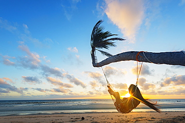 Girl in hammock on Sugar Beach, Bantayan Island, Cebu, The Visayas, Philippines, Southeast Asia, Asia