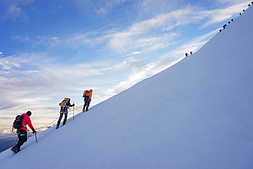 Climbers nearing the summit of Mont Blanc, 4810m, Chamonix, Rhone Alps, Haute Savoie, France, Europe