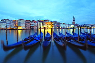 Gondolas and Campanile di San Marco in Venice lagoon, Venice, UNESCO World Heritage Site, Veneto, Italy, Europe