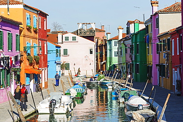 Multi coloured canal side houses in Burano, Venice, UNESCO World Heritage Site, Veneto, Italy, Europe