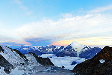 The Matterhorn, 4478m and Weisshorn, 4506m, at sunrise, Zermatt, Valais, Swiss Alps, Switzerland, Europe