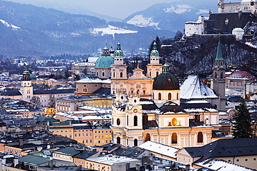 View over the old town, UNESCO World Heritage Site, and Salzburg Cathedral at dusk, Salzburg, Austria, Europe