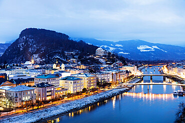 Salzach River and old town at dusk, UNESCO World Heritage Site, Salzburg, Austria, Europe