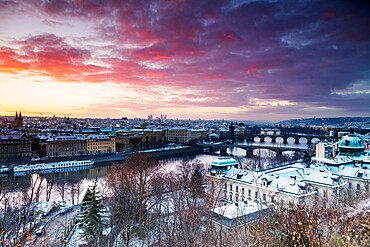 Bridges crossing the Vltava River at sunrise, Prague, Czech Republic, Europe