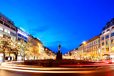 Christmas lights and statue of Ludmila, Prague, Czech Republic, Europe