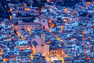 Aerial view of old town and Monti Sion church, Pollenca, Majorca, Balearic Islands, Spain, Europe