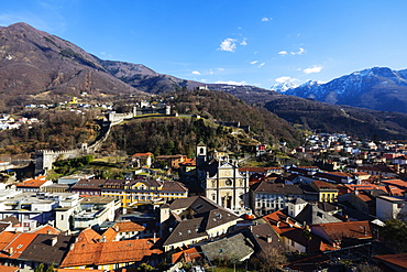 Castelgrande and La Collegiata church of St. Peter and Stephan, UNESCO World Heritage Site, Bellinzona, Ticino, Switzerland, Europe