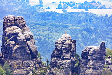 Rock climbers at Schrammsteine, Swiss Saxon National Park, Saxony, Germany, Europe