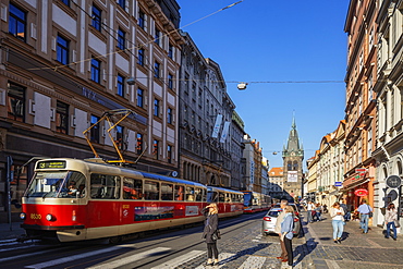 City tram near Jindrisska Tower, Prague, Czech Republic, Europe