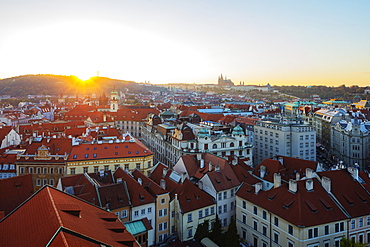 Prague Castle viewed from old town city hall tower at sunset, UNESCO World Heritage Site, Prague, Czech Republic, Europe