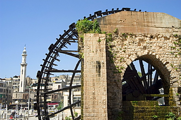 Water wheel on the Orontes River and minaret behind, Hama, Syria, Middle East