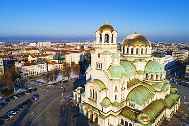 Aerial view of Alexander Nevsky Orthodox Cathedral in winter, Sofia, Bulgaria, Europe