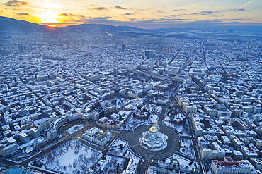 Aerial view of Alexander Nevsky Orthodox Cathedral in winter, Sofia, Bulgaria, Europe