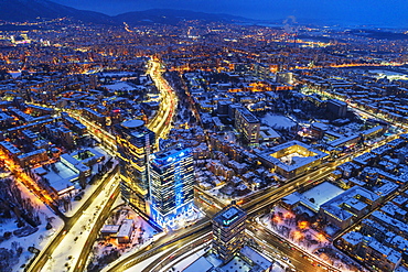 Aerial view of Sofia city center at night, Sofia, Bulgaria, Europe