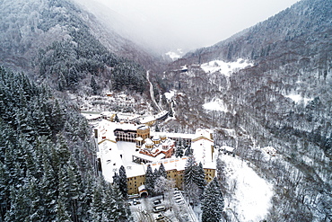 Europe, Bulgaria, aerial view of Church of the Nativity of the Virgin Mother at Rila Monastery, UNESCO World Heritage Site, Bulgaria, Europe