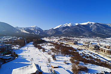 Aerial view of home run winter ski slope, Pirin National Park, UNESCO World Heritage Site, Bansko, Bulgaria, Europe