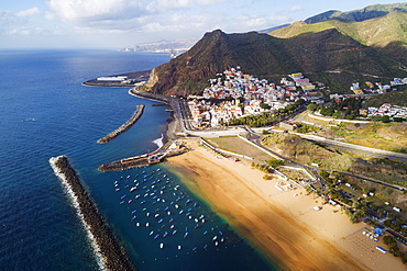 Aerial drone view of Playa de las Teresitas, San Andres, Tenerife, Canary Islands, Spain, Atlantic, Europe