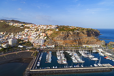 Aerial drone view of San Sebastian de la Gomera town and marina, UNESCO Biosphere Site, La Gomera, Canary Islands, Spain, Atlantic, Europe