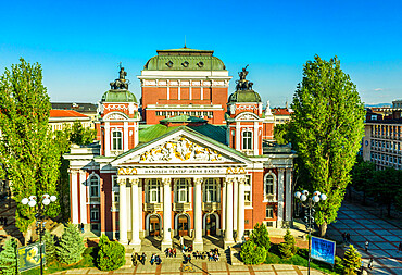 Aerial view by drone of Ivan Vazov National Theatre, Sofia, Bulgaria, Europe