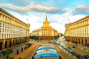 View by drone of National Assembly building, Sofia, Bulgaria, Europe