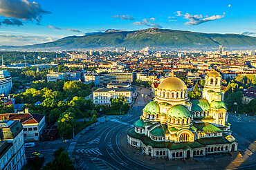 Aerial view by drone, Alexander Nevsky Russian Orthodox Cathedral, Sofia, Bulgaria, Europe