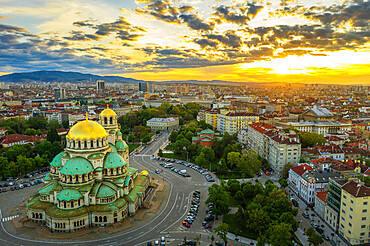 Aerial view by drone, Alexander Nevsky Russian Orthodox Cathedral, Sofia, Bulgaria, Europe