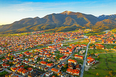 Aerial view by drone of Bansko and Pirin National Park, UNESCO World Heritage Site, Bankso, Bulgaria, Europe