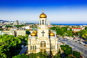 Aerial view by drone of Mother of God Cathedral, Varna, Bulgaria, Europe