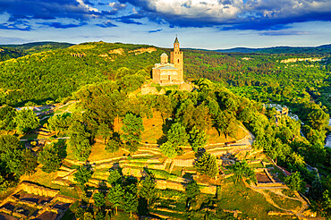 Aerial view by drone of Tsarevets fortress, Veliko Tarnovo, Bulgaria, Europe