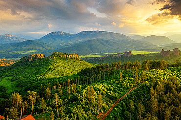 Aerial view by drone of forest, Belogradchik, Bulgaria, Europe