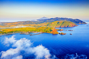 Coastal landscape, Rebun Island and Rishiri island in distance, Hokkaido, Japan, Asia