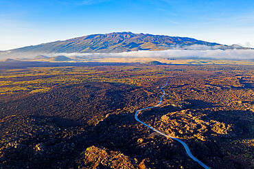 Aerial view of volcanic landscape and Mauna Kea, 4207m, Big Island, Hawaii, United States of America, North America